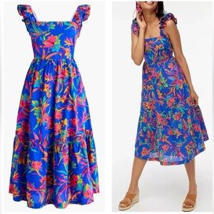 J Crew Women Dress Square Neck Midi Blue  Floral Dress with Pockets